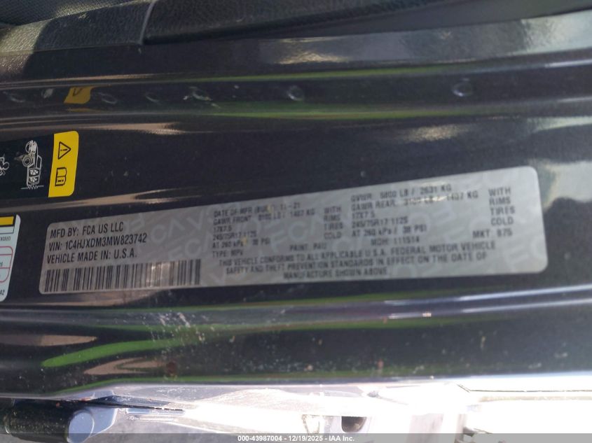 2021 Jeep Wrangler Unlimited Sport S 4X4 VIN: 1C4HJXDM3MW823742 Lot: 43987004