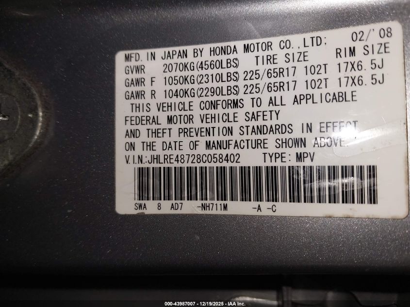 2008 Honda Cr-V Ex-L VIN: JHLRE48728C058402 Lot: 43987007