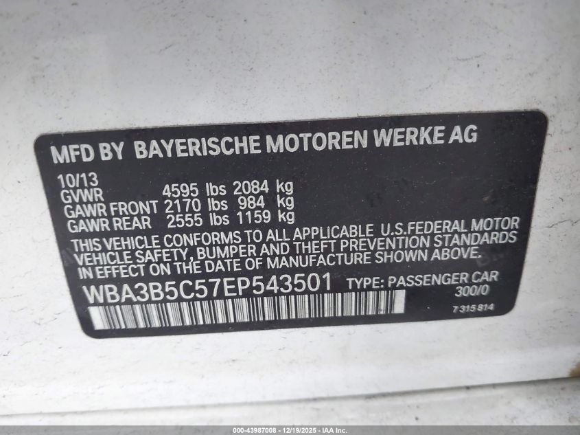 2014 BMW 328I xDrive VIN: WBA3B5C57EP543501 Lot: 43987008