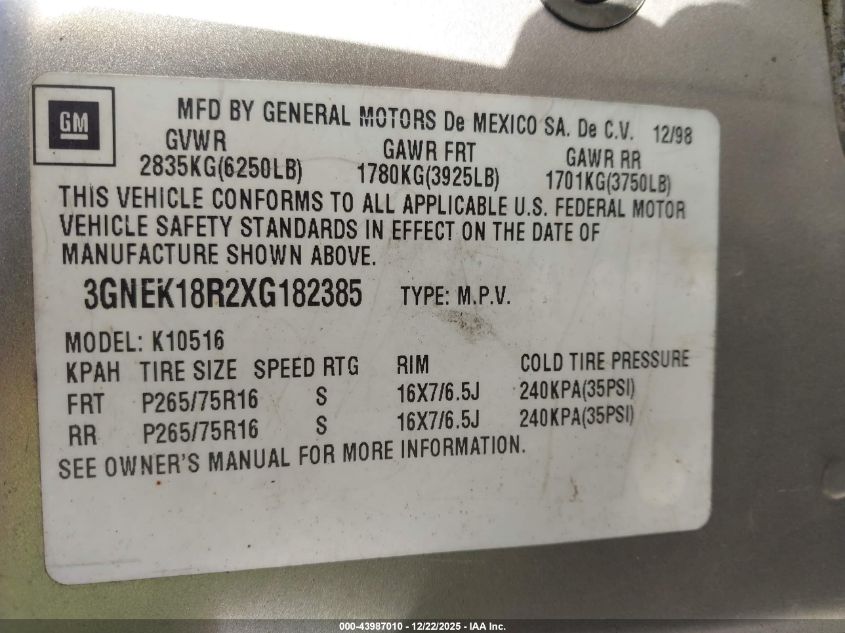 1999 Chevrolet Tahoe VIN: 3GNEK18R2XG182385 Lot: 43987010
