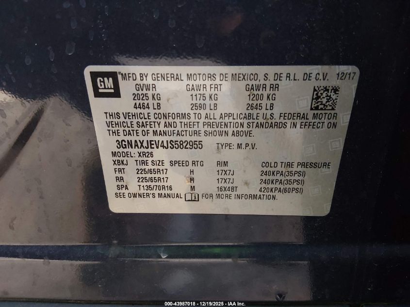 2018 Chevrolet Equinox Lt VIN: 3GNAXJEV4JS582955 Lot: 43987018