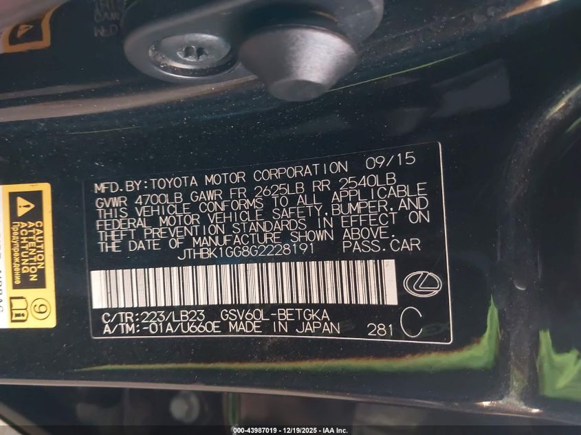 2016 Lexus Es 350 VIN: JTHBK1GG8G2228191 Lot: 43987019