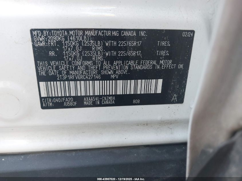 2024 Toyota Rav4 Xle VIN: 2T3P1RFV6RC427146 Lot: 43987020