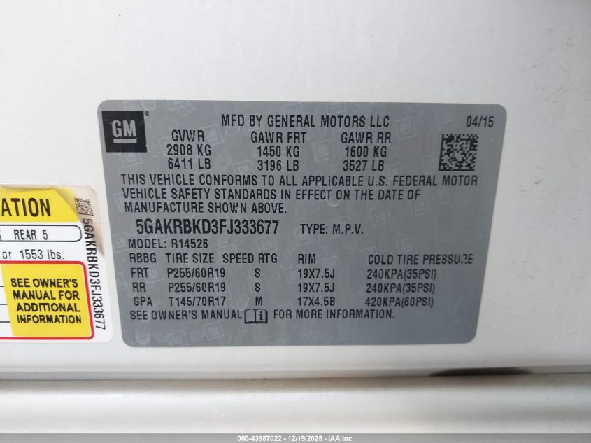 2015 Buick Enclave Leather VIN: 5GAKRBKD3FJ333677 Lot: 43987022