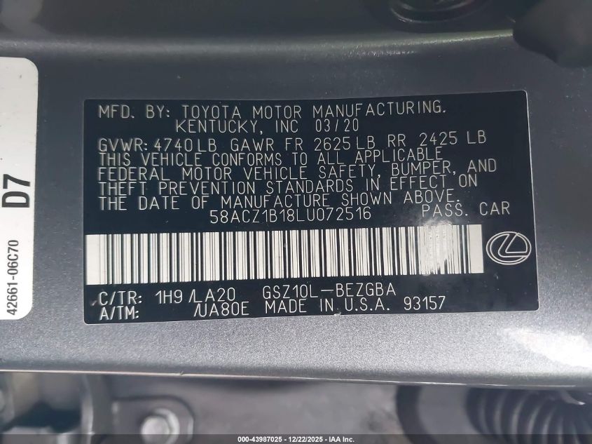 2020 Lexus Es 350 VIN: 58ACZ1B18LU072516 Lot: 43987025