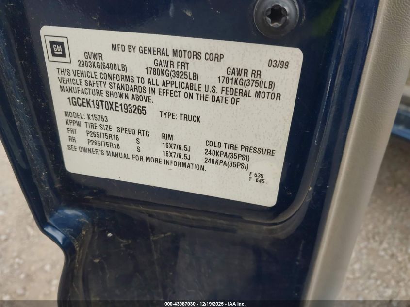 1999 Chevrolet Silverado 1500 Ls VIN: 1GCEK19T0XE193265 Lot: 43987030