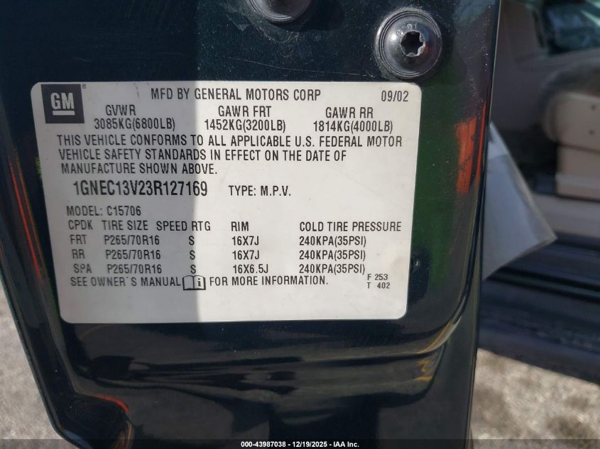 2003 Chevrolet Tahoe Ls VIN: 1GNEC13V23R127169 Lot: 43987038