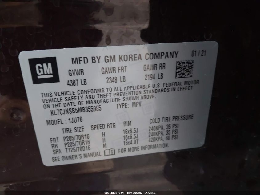 2021 Chevrolet Trax Awd Ls VIN: KL7CJNSB5MB355985 Lot: 43987041