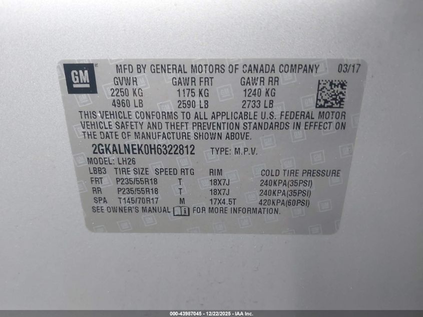 2017 GMC Terrain Sle-2 VIN: 2GKALNEK0H6322812 Lot: 43987045