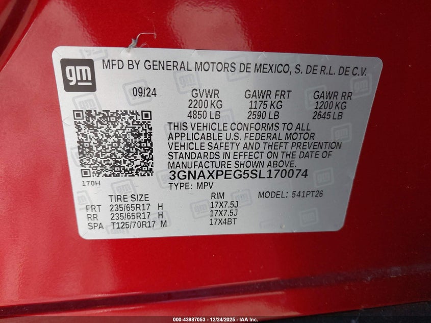 VIN 3GNAXPEG5SL170074 2025 CHEVROLET EQUINOX AWD LT