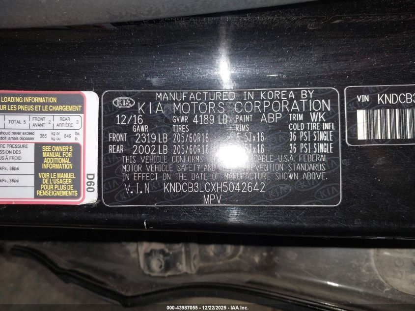 2017 Kia Niro Lx VIN: KNDCB3LCXH5042642 Lot: 43987055