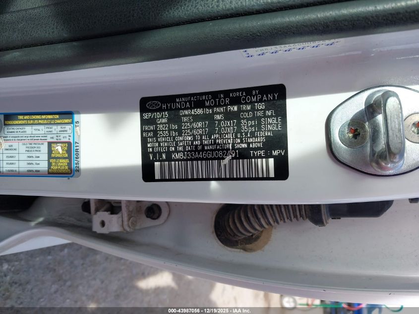 2016 Hyundai Tucson Se VIN: KM8J33A46GU082491 Lot: 43987056