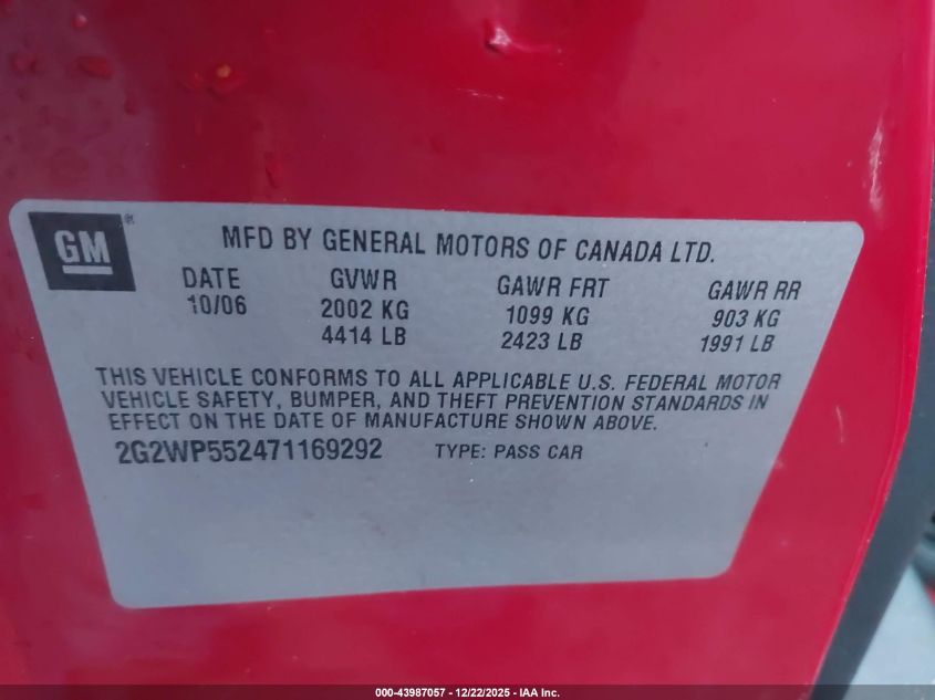 2007 Pontiac Grand Prix VIN: 2G2WP552471169292 Lot: 43987057