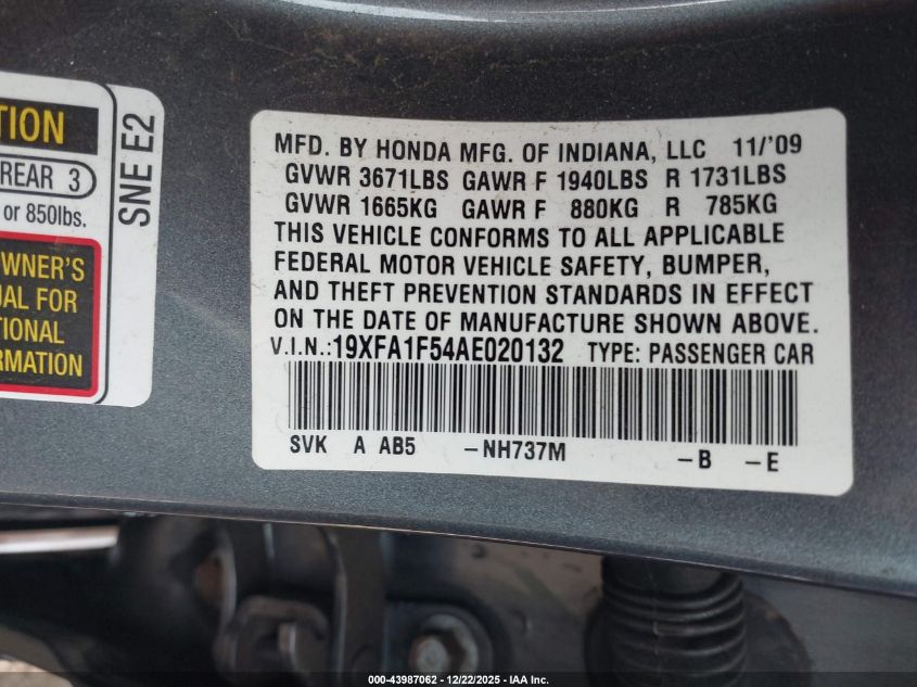 2010 Honda Civic Lx VIN: 19XFA1F54AE020132 Lot: 43987062