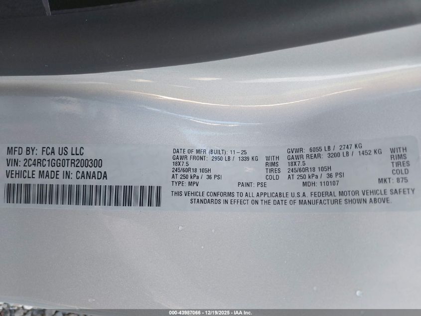 2026 Chrysler Pacifica Limited VIN: 2C4RC1GG0TR200300 Lot: 43987066