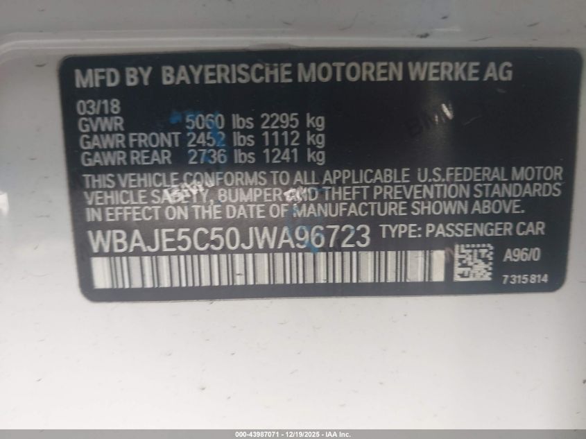 2018 BMW 540I VIN: WBAJE5C50JWA96723 Lot: 43987071