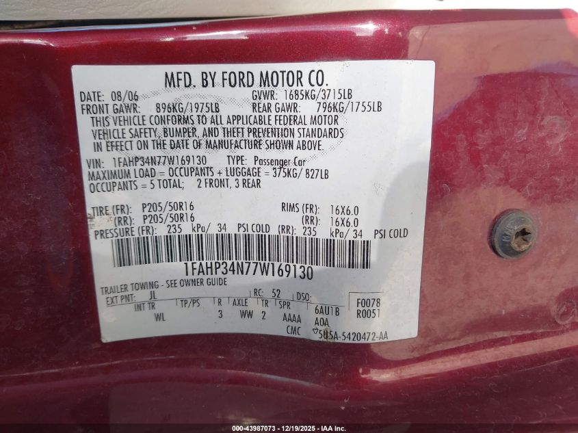 2007 Ford Focus S/Se/Ses VIN: 1FAHP34N77W169130 Lot: 43987073