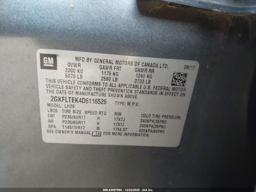 2013 GMC Terrain Sle-2 VIN: 2GKFLTEK4D6116526 Lot: 43987080