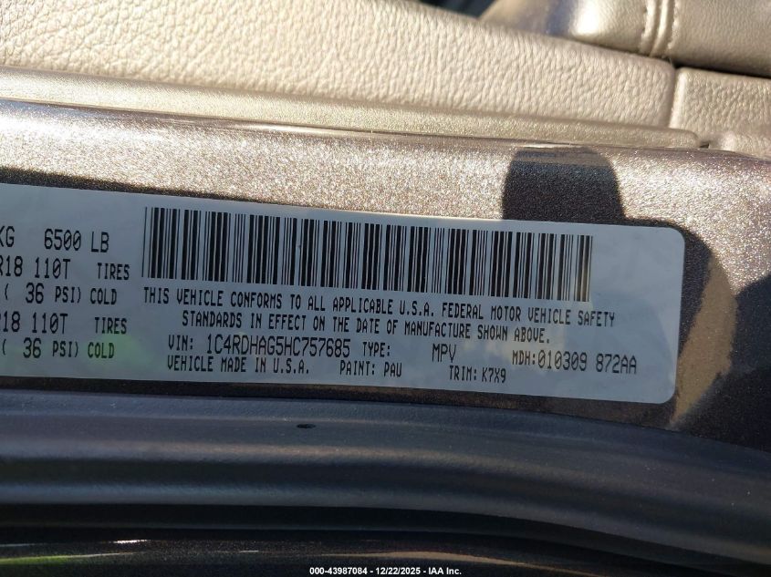 2017 Dodge Durango Sxt Rwd VIN: 1C4RDHAG5HC757685 Lot: 43987084