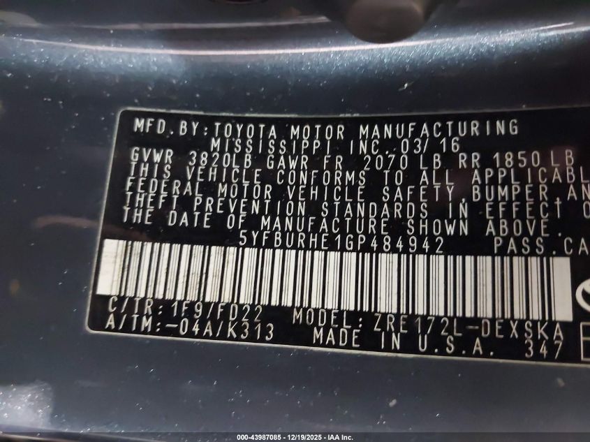 2016 Toyota Corolla S Plus VIN: 5YFBURHE1GP484942 Lot: 43987085