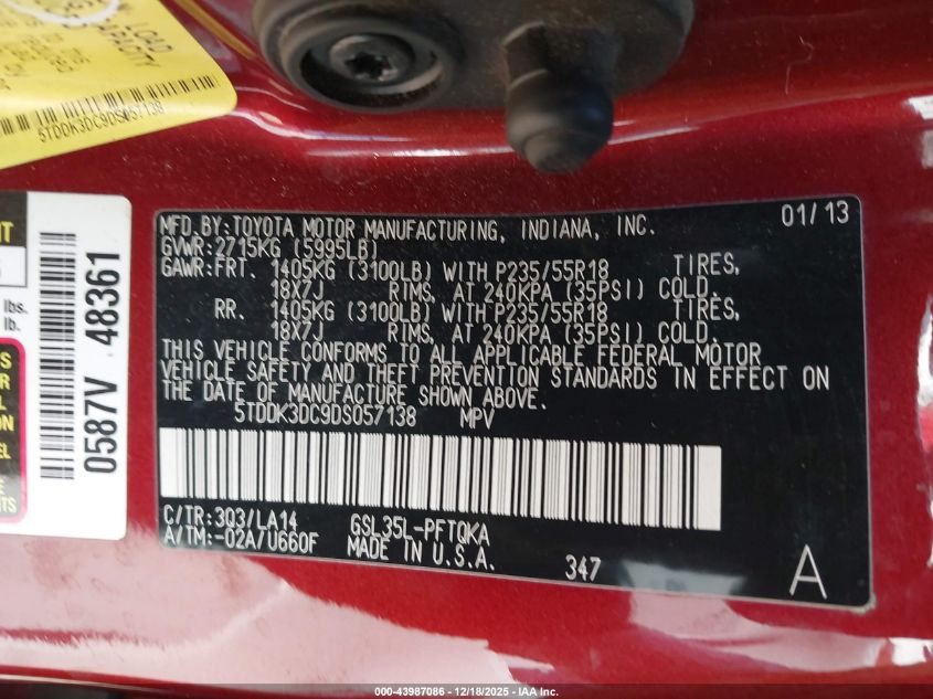 2013 Toyota Sienna Limited 7 Passenger VIN: 5TDDK3DC9DS057138 Lot: 43987086