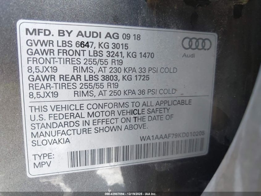 2019 Audi Q7 55 Premium/55 Se Premium VIN: WA1AAAF79KD010205 Lot: 43987094