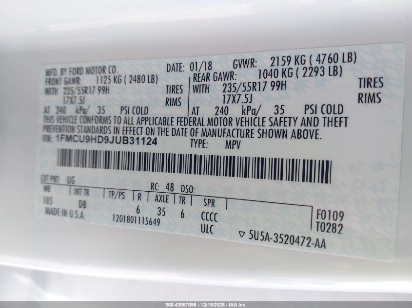 2018 Ford Escape Sel VIN: 1FMCU9HD9JUB31124 Lot: 43987095