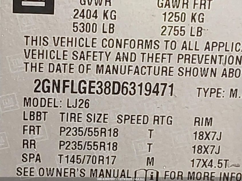 2013 Chevrolet Equinox Ltz VIN: 2GNFLGE38D6319471 Lot: 43987097