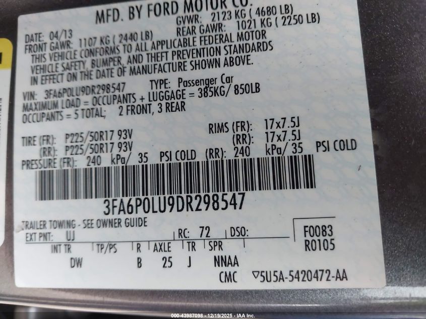 2013 Ford Fusion Hybrid Se VIN: 3FA6P0LU9DR298547 Lot: 43987098