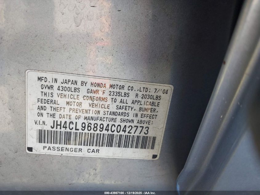 2004 Acura Tsx VIN: JH4CL96894C042773 Lot: 43987100