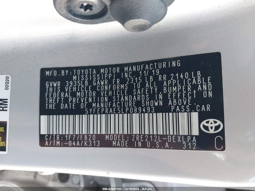 2020 Toyota Corolla Le VIN: 5YFEPRAE5LP089493 Lot: 43987103