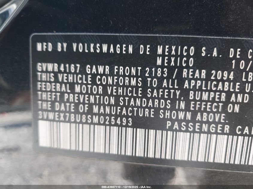 2025 Volkswagen Jetta 1.5T Se VIN: 3VWEX7BU8SM025493 Lot: 43987110