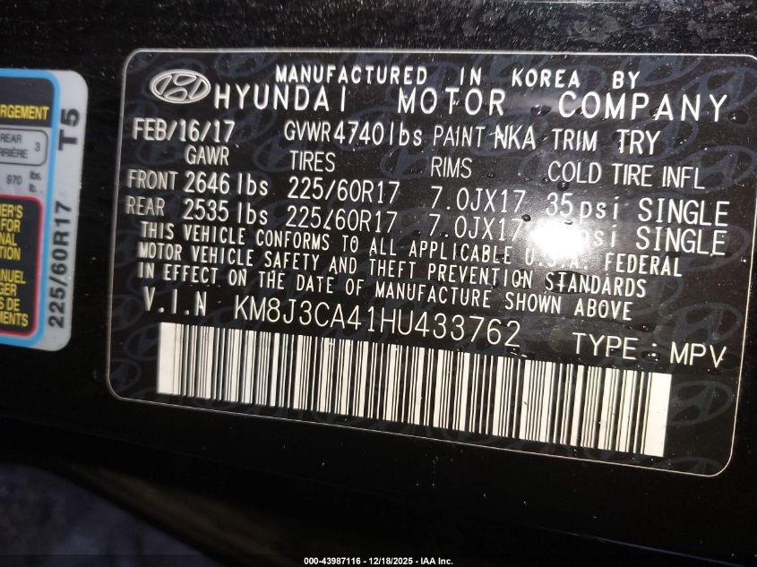 2017 Hyundai Tucson Se VIN: KM8J3CA41HU433762 Lot: 43987116