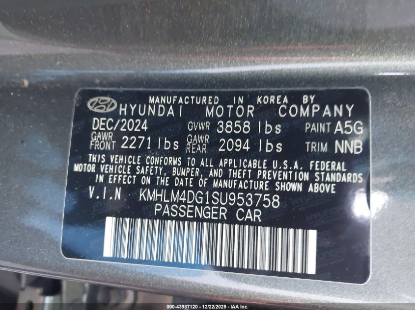 2025 Hyundai Elantra Sel Sport VIN: KMHLM4DG1SU953758 Lot: 43987120