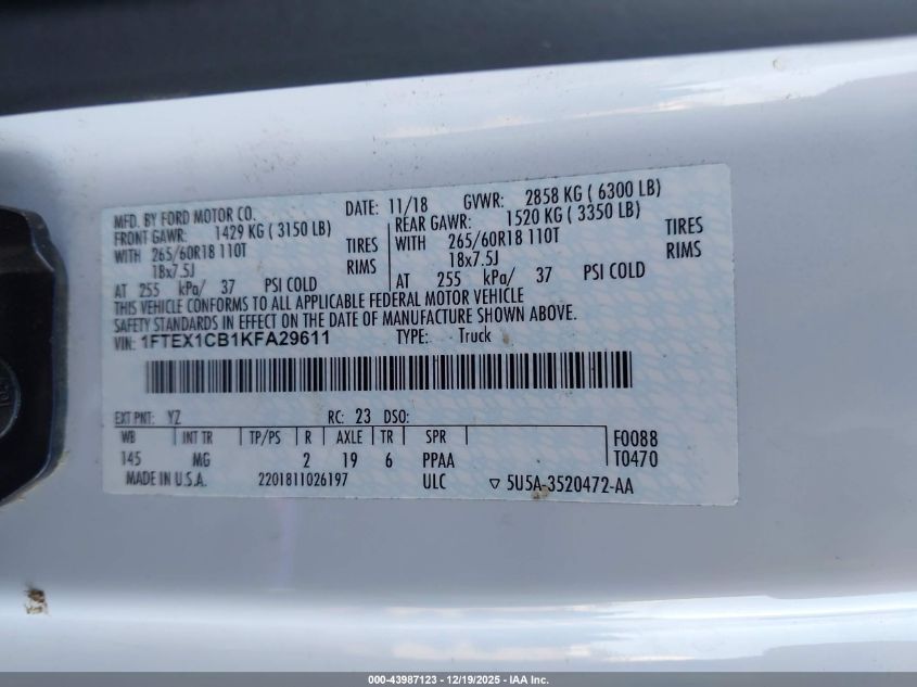 2019 Ford F-150 Xlt VIN: 1FTEX1CB1KFA29611 Lot: 43987123