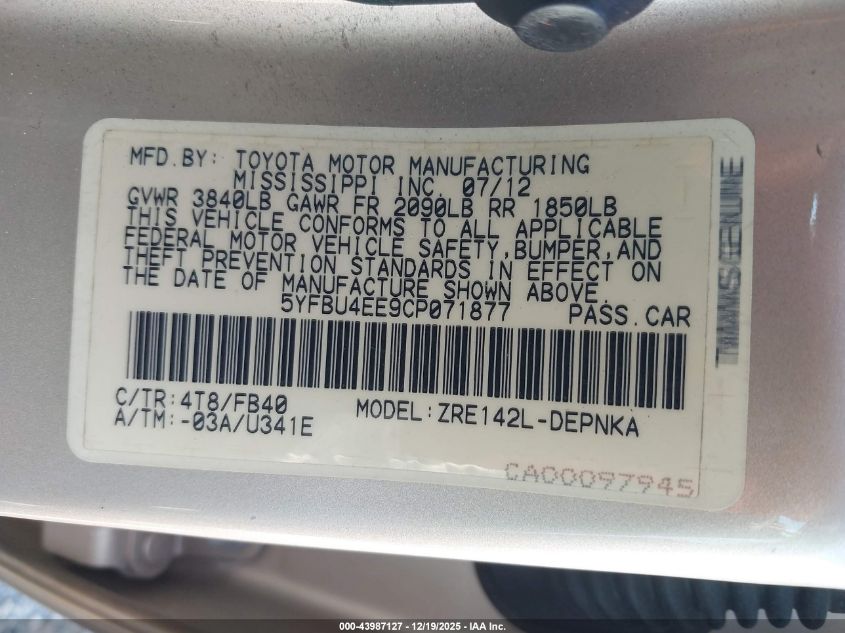 2012 Toyota Corolla Le VIN: 5YFBU4EE9CP071877 Lot: 43987127