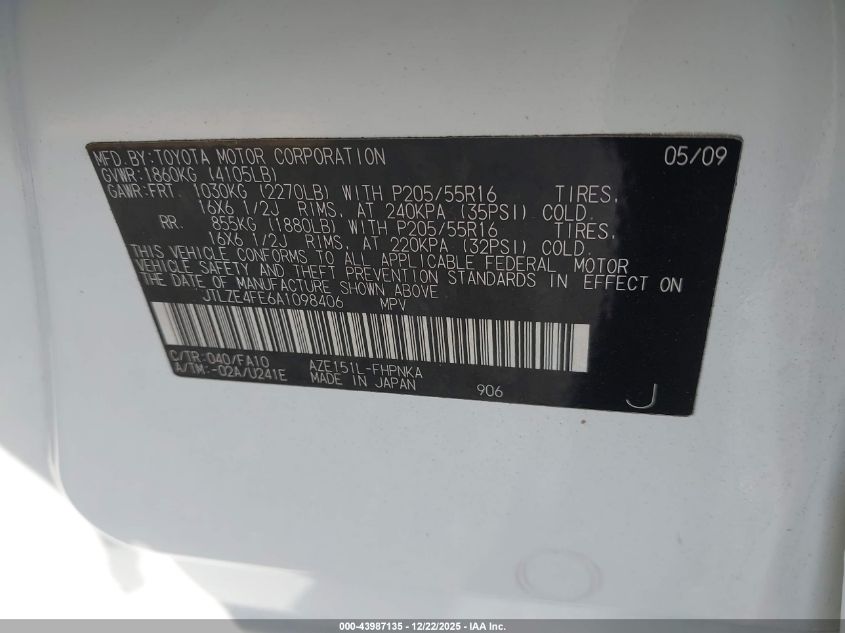 2010 Scion Xb VIN: JTLZE4FE6A1098406 Lot: 43987135