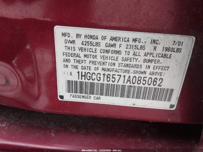 2001 Honda Accord 3.0 Ex VIN: 1HGCG16571A085062 Lot: 43987138