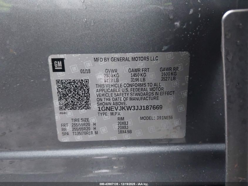 2018 Chevrolet Traverse Premier VIN: 1GNEVJKW3JJ187669 Lot: 43987139