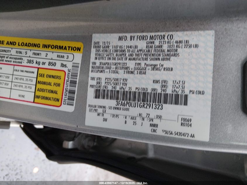 2016 Ford Fusion Hybrid Se VIN: 3FA6P0LU1GR291323 Lot: 96760055