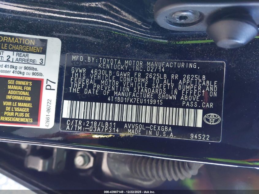 2014 Toyota Camry Hybrid Xle VIN: 4T1BD1FK7EU119915 Lot: 43987149