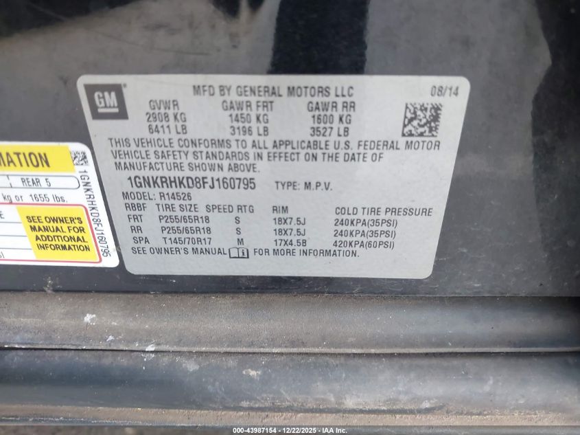 2015 Chevrolet Traverse 2Lt VIN: 1GNKRHKD8FJ160795 Lot: 43987154