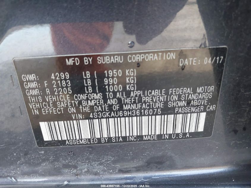 2017 Subaru Impreza 2.0I Limited VIN: 4S3GKAU69H3616075 Lot: 43987155