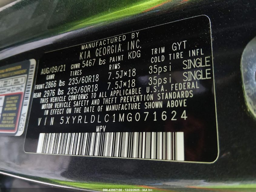 2021 Kia Sorento S VIN: 5XYRLDLC1MG071624 Lot: 43987156