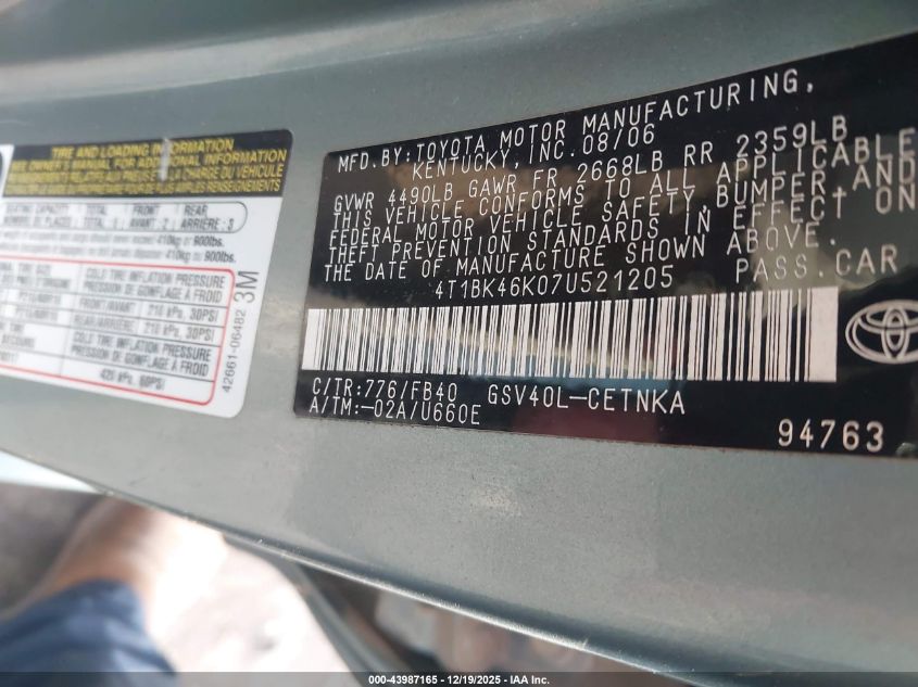 2007 Toyota Camry Le V6 VIN: 4T1BK46K07U521205 Lot: 43987165