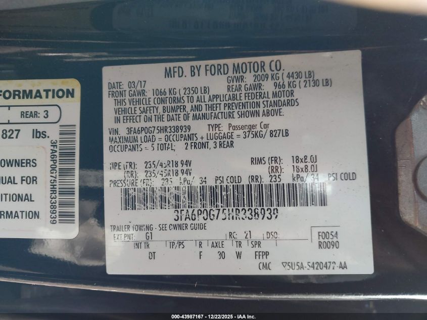 2017 Ford Fusion S VIN: 3FA6P0G75HR338939 Lot: 43987167