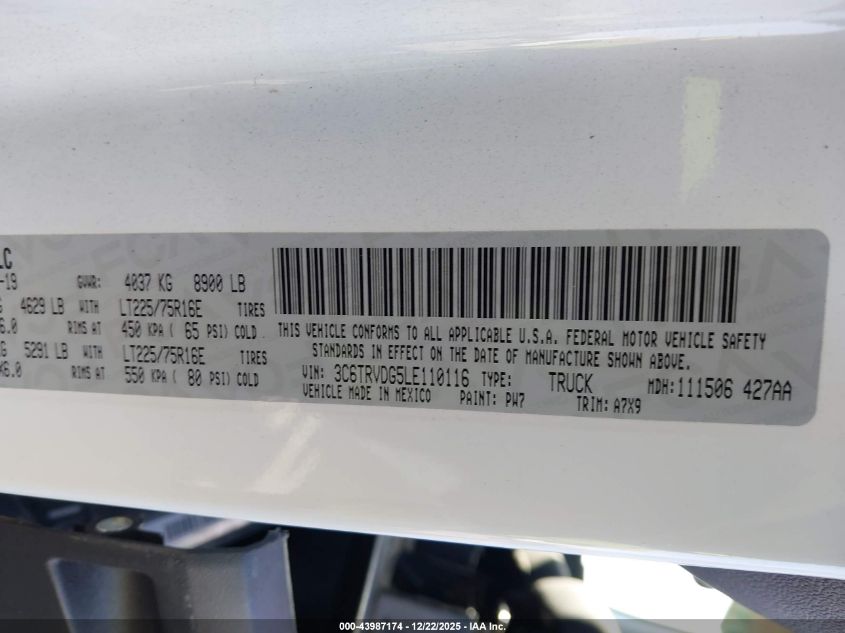 2020 Ram Promaster 2500 High Roof 159 Wb VIN: 3C6TRVDG5LE110116 Lot: 43987174