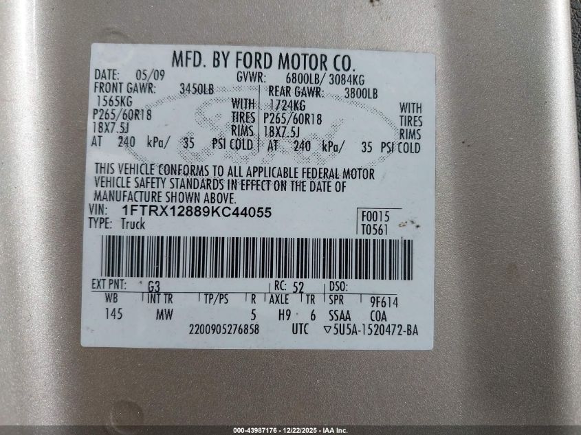 2009 Ford F-150 Stx/Xl/Xlt VIN: 1FTRX12889KC44055 Lot: 43987176