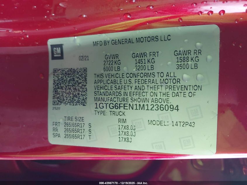 2021 GMC Canyon 4Wd Short Box At4 - Leather VIN: 1GTG6FEN1M1236094 Lot: 43987178