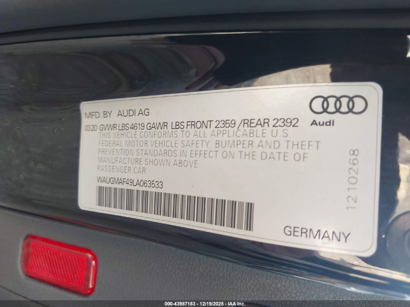 2020 Audi A4 Premium 40 Tfsi Front-Wheel Drive S Tronic VIN: WAUGMAF49LA063533 Lot: 43987183
